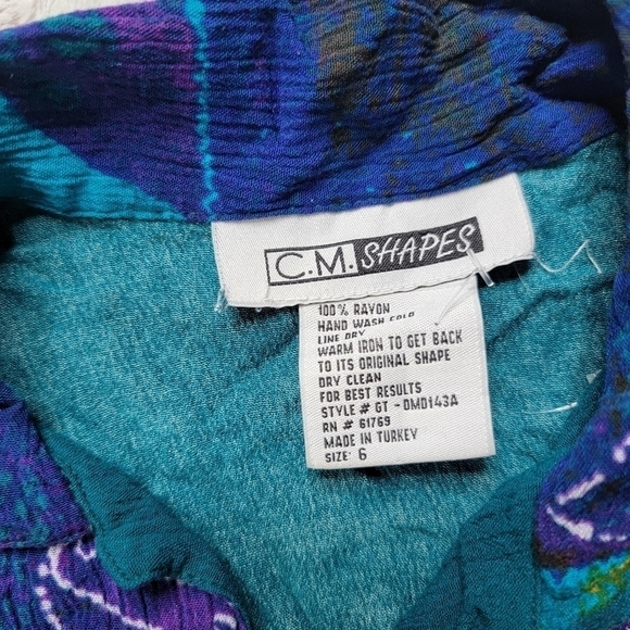 Vintage CM Shapes Turquoise Blue Green Patchwork Button Up Blouse Size 6 - Picture 6 of 8